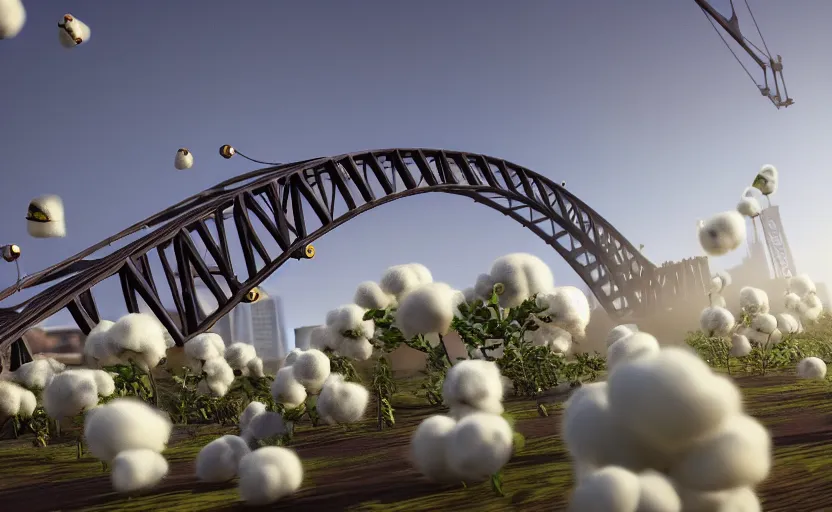 Prompt: explosions in the form of realistic cotton plants hit big harbour bridge, smooth, sharp focus, 3 d octane render, epic lighting, 8 k, by goro fujita