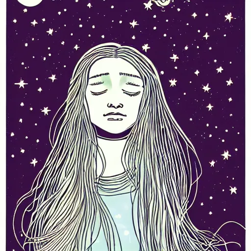 Prompt: Experimental art. A beautiful illustration of a young girl with long flowing hair, looking up at the stars. She appears to be dreaming or lost in thought. sticker illustration, pewter by Tibor Nagy exciting, rich