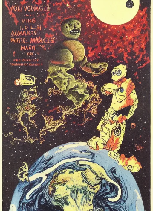 Prompt: earth with a face eating the mars, le voyage dans la lun, art style by george melies, a trip to the moon
