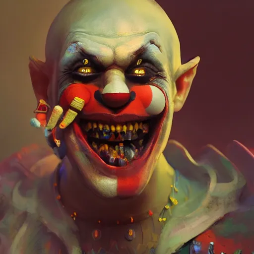 Image similar to clown warrior, pointed teeth, portrait, intricate, detailed, volumetric lighting, scenery, digital painting, highly detailed, artstation, sharp focus, illustration, concept art, ruan jia, steve mccurry