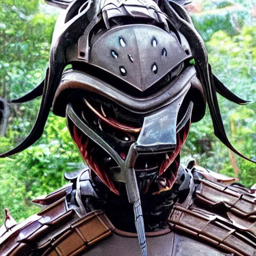 Image similar to predator alien wearing a samurai armor