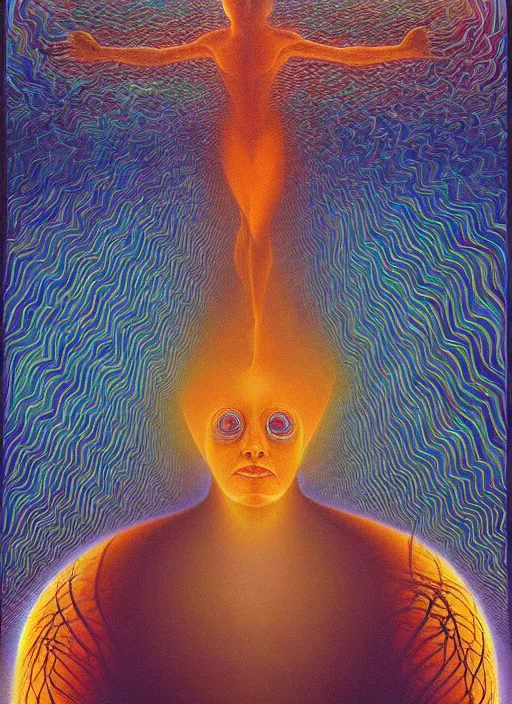 Prompt: seeing ultra dimensional entity for the first time, while accidentally tripping on dmt, energy waves, psychedelic experience, overwhelming psychosis of self realization and burning awakening, masterpiece composition, by alex grey, zdzisław beksinski