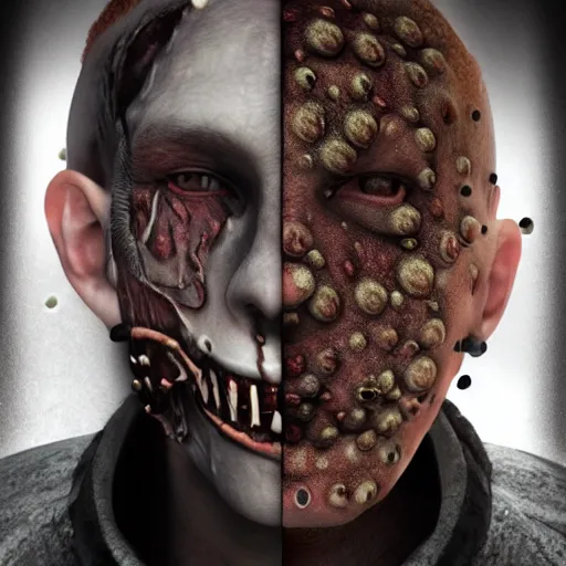 Prompt: a person with disgusting holes in his skin, horror, trypophobia, realistic, volumetric lighting, extremely detailed