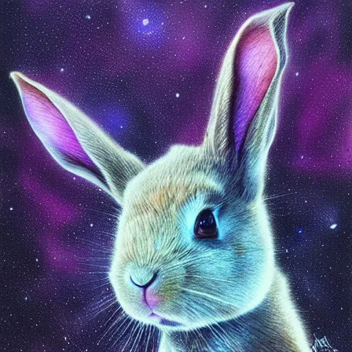 Prompt: rabbit face only, nebula space background, pencil drawing, higher detailed, realistic, pastel, by marc simonetti, art station, soft light