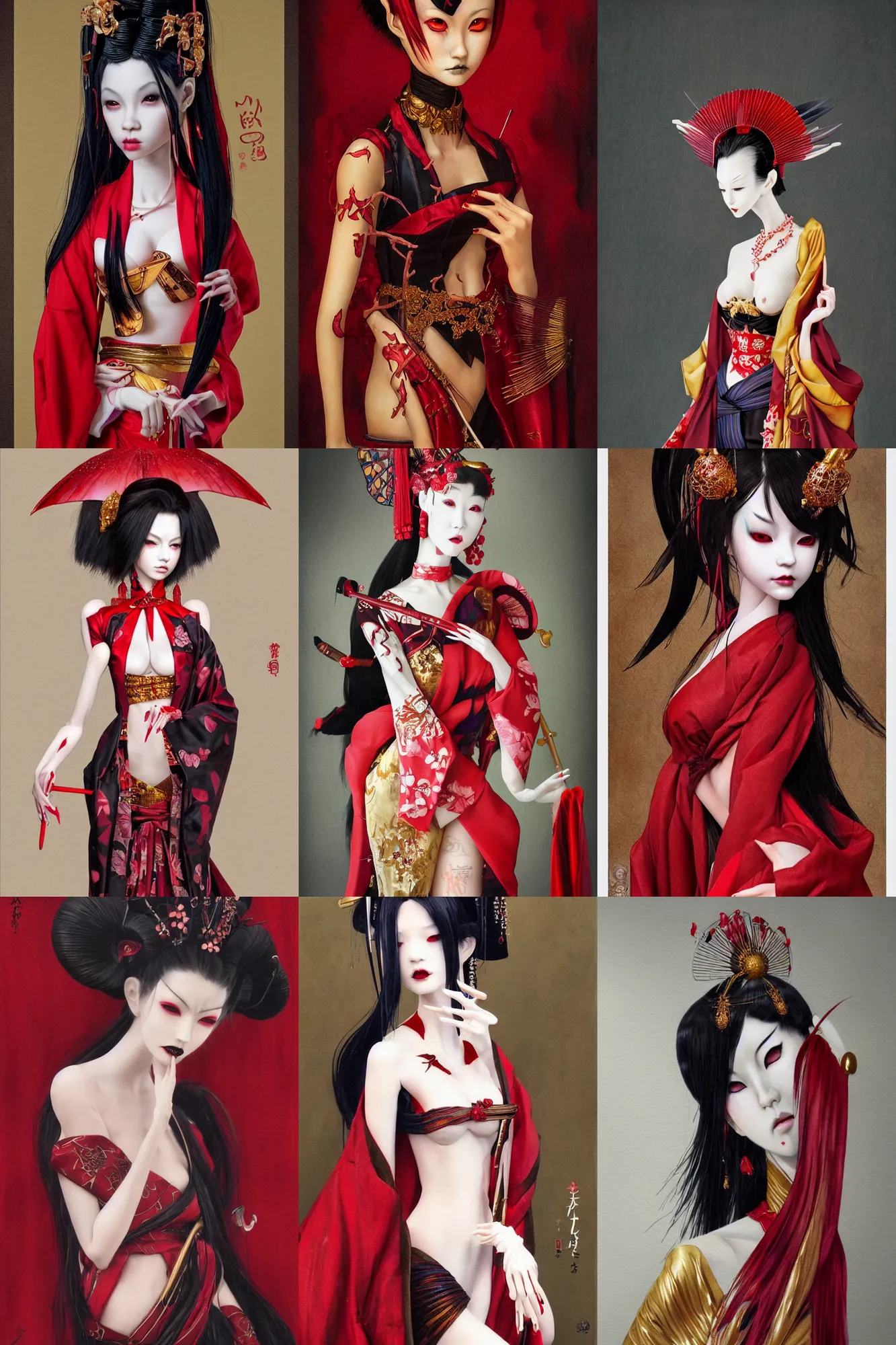 Prompt: watercolor painting of a japanese bjd geisha vampire with a long neck by hajime sorayama, irakli nadar, amy sol, in an epic dark - fantasy background, red, gold, black, surrealism, artgerm