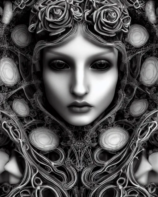 Image similar to mythical dreamy black and white organic bio - mechanical spinal ribbed profile face portrait detail of translucent steampunk beautiful female angelic - human - queen - vegetal - cyborg, highly detailed, intricate crystal ivy jelly ornate, poetic, translucent roses ornate, 3 d render, digital art, octane render, 8 k artistic photography, photo - realistic, by dora maar