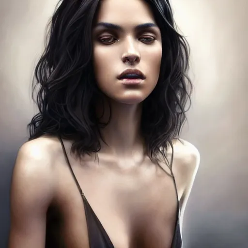 Prompt: Portrait of a Brazilan Supermodel, olive skin, long dark hair, beautiful bone structure, volumetric lighting, dark, moody, fog, backlit, glowing highlights, intricate, elegant, highly detailed, digital painting, artstation, concept art, smooth, sharp focus, illustration, art by artgerm and greg rutkowski and alphonse mucha