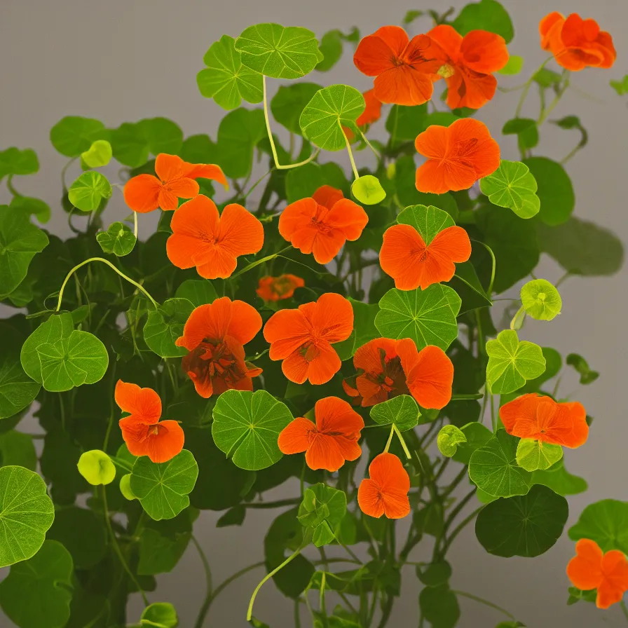 Image similar to a 5 5 mm photo portrait of a nasturtium plant still life, cinematic lighting, sharp focus, photography of the year