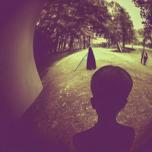 Image similar to a selfie of a woman getting photobombed, fisheye lens photography, with a spooky filter applied, with a figure in the background, in a halloween style.