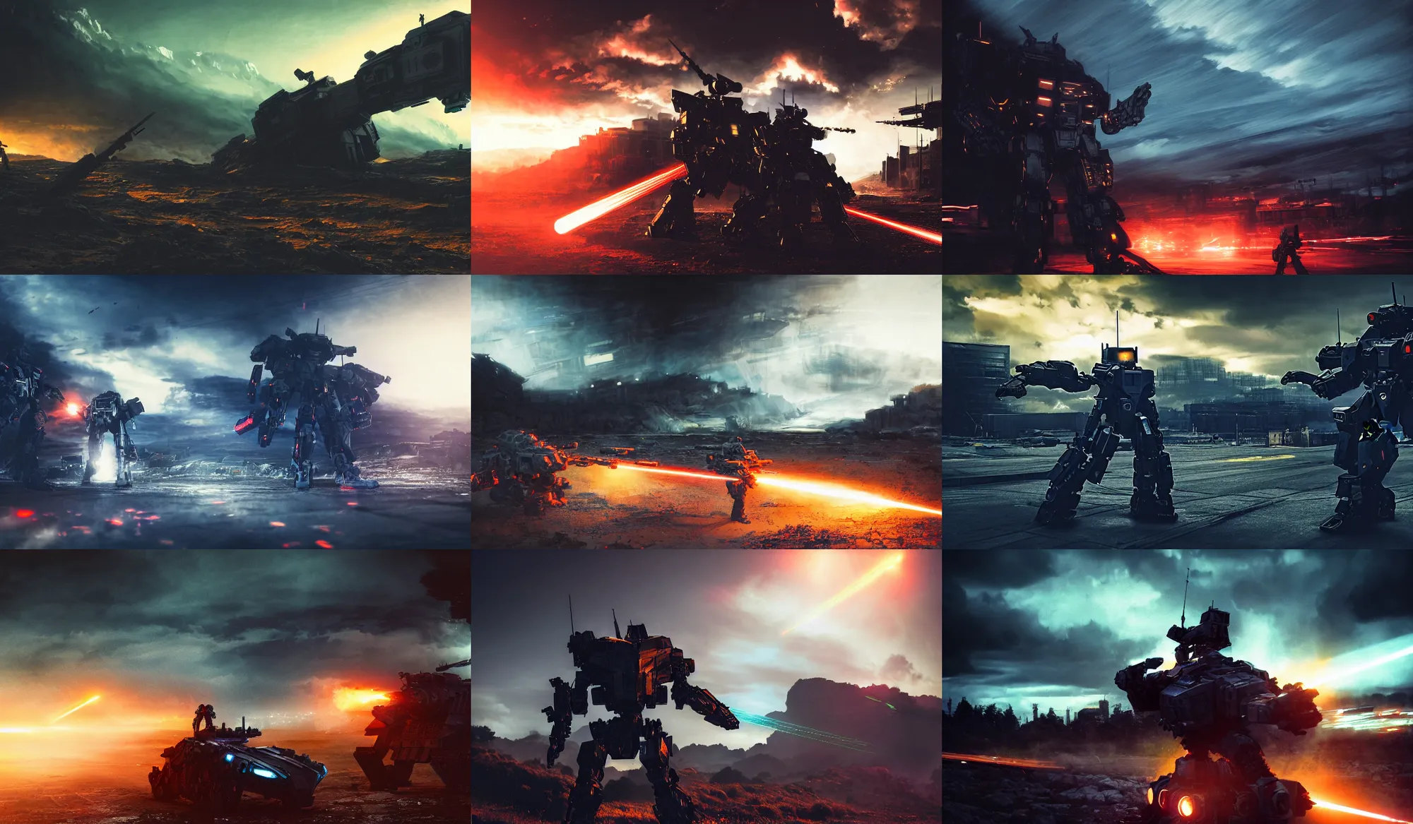 Image similar to an armored core v by liam wong, booster flares, legs, laser rifles, karst landscape, outdoor, dark blue sky, cloud, wilderness ground, golden time, twilight ; wide shot, digital painting, photoreal, cinematic contrast, dynamic backlighting, sharp edge, motion blur