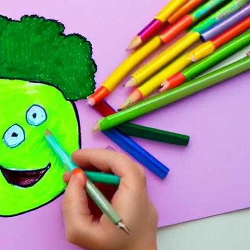 Image similar to a children's drawing of a smiling happy broccoli, he is dancing, vivid bright colors, color pencils are scattered around on the paper