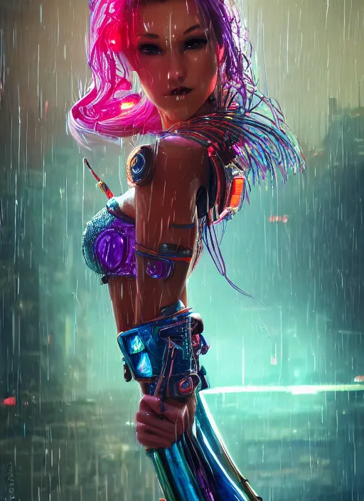 Prompt: An epic fantasy comic book style portrait painting of a very beautiful cyberpunk Hula Dancer in the rain, neon reflections, character design by Mark Ryden and Pixar and Hayao Miyazaki, unreal 5, DAZ, hyperrealistic, octane render, cosplay, RPG portrait, dynamic lighting, intricate detail, cinematic