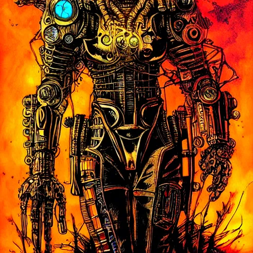 Image similar to cyberpunk knight, upper body, atmospheric lighting, painted, intricate, golden hour, ultra detailed by philippe druillet