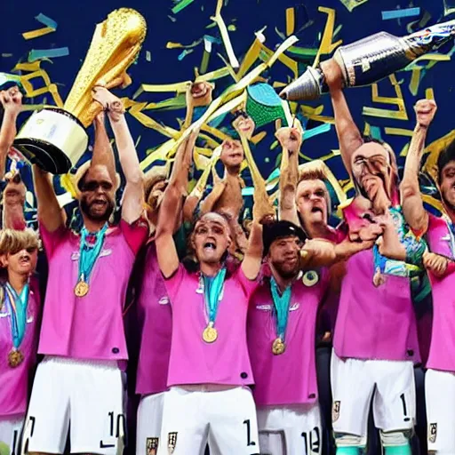 Image similar to Unicorns holding the World Cup Trophy