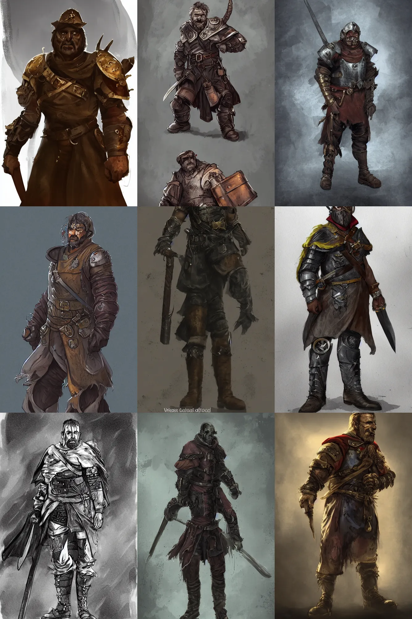 Prompt: a middle-aged, beat down man who is a night city guard captain, he wears a battered chest plate and old boots, fantasy, medieval, single character concept art, medium shot, rule of thirds, digital art,