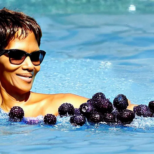 Image similar to halle berry swimming in a sea of blueberries