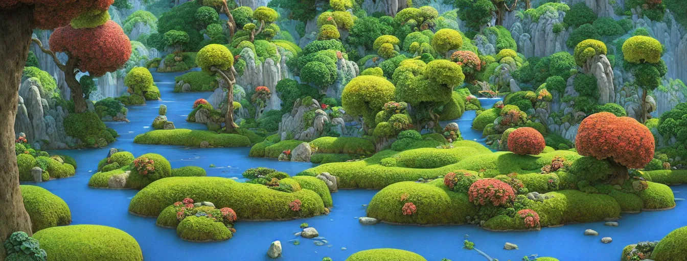 Image similar to a gorgeous very early spring series of lush islands separated by flower - lined streams, twisted gardens, painting by barlowe wayne maxfield parrish and marco mazzoni. tree no leaf!!!! china mountain village!! grey blue and very little light verdancy. the winding stone steps. ultra clear detailed. 3 d, octane render. turbulent blood lake.