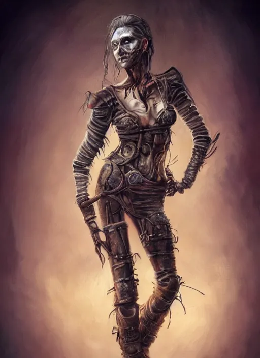 Image similar to detailed full body concept, oil painting of a mad max style female with beautiful face and eyes wearing intricate clothing, soft lighting and focus