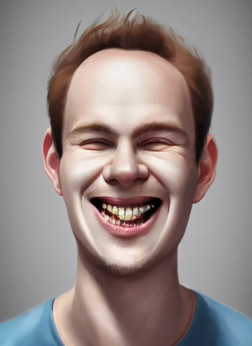 Image similar to portrait of a finnish young man with a spoon on top of his nose, big grin mouth barely closed, wrinkled eyes, wise forehead, big lips, sharp portruding chin, short youthful hair, white background with notes, youthful colours, thin sharp lines, digital painting, artstation, matte, sharp focus, illustration, realistic anime artstyle