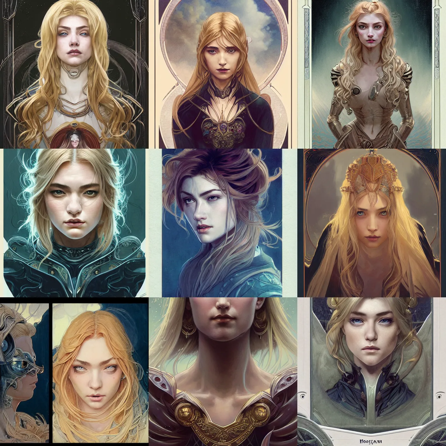 Prompt: masterpiece head-on symmetrical centered painted portrait, Imogen Poots as Elden Ring paladin, blonde hair, elegant, in the style of Greg Rutkowski and Moebius and Mohrbacher and ROSSDRAWS and Ross Tran and Alphonse Mucha and Ayami Kojima and Charlie Bowater and Jean Delville, Pixar, Maya engine, splash comics, tarot card style, Art Nouveau, rich bright colours
