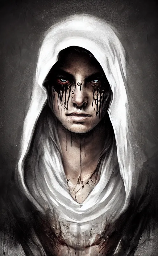 Prompt: face portrait of an assassin, in an all white hood and ragged all white clothes, with peircings mean eyes, dynamic lighting, fantasy concept art, trending on art station, stunning visuals, creative, cinematic, ultra detailed