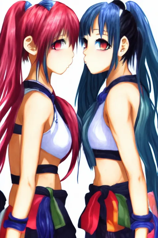 Image similar to two beautiful female fighters with pigtails facing each other, detailed anime art