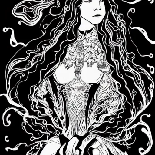 Image similar to black and white pen and ink!!!!!!! Suprani!!!!! sorcerer beautiful attractive long hair Anya Taylor-Joy wearing High Royal flower print robes flaming!!!! final form flowing ritual royal!!! Contemplative stance Vagabond!!!!!!!! floating magic witch!!!! glides through a beautiful!!!!!!! Camellia!!!! Tsubaki!!! death-flower!!!! battlefield behind!!!! dramatic esoteric!!!!!! Long hair flowing dancing illustrated in high detail!!!!!!!! by Hiroya Oku!!!!!!!!! graphic novel published on 2049 award winning!!!! full body portrait!!!!! action exposition manga panel black and white Shonen Jump issue by David Lynch eraserhead and beautiful line art Hirohiko Araki!! Frank Miller, Kentaro Miura!, Jojo's Bizzare Adventure!!!! 3 sequential art golden ratio technical perspective panels horizontal per page