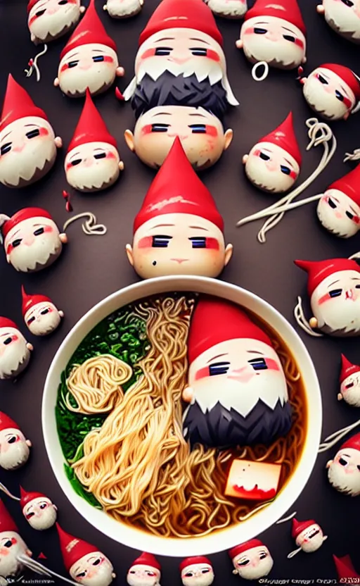 Image similar to kawaii anime gnomes asian noodles japanese ramen, wide angle shot by greg rutkowski