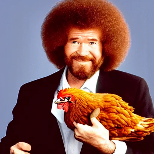 Image similar to bob ross holding a chicken on mars,