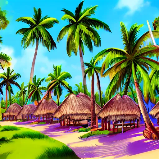 Image similar to a village on a tropical island, very colorful, beach, palms, trending on artstation