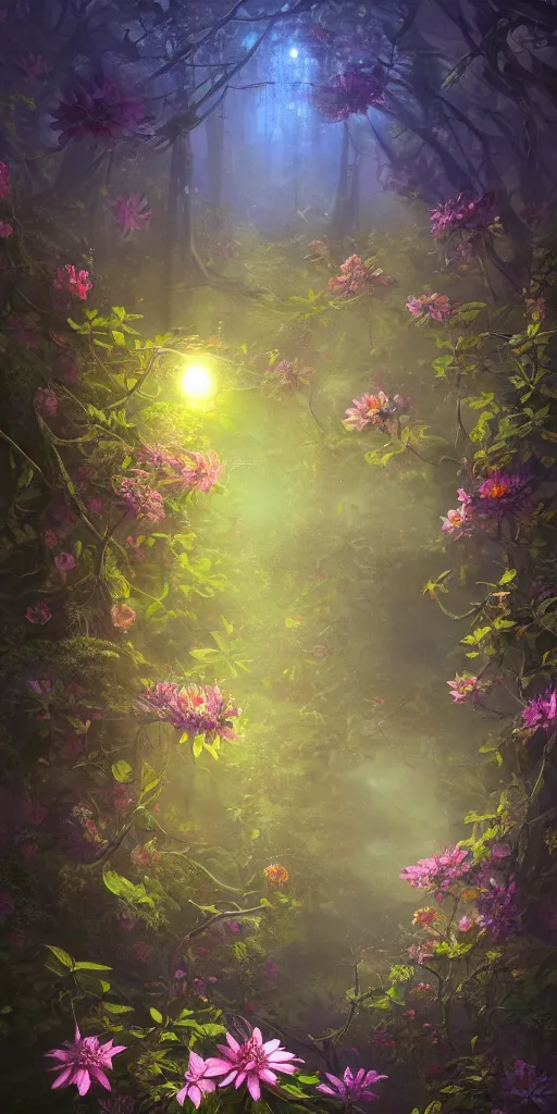 Prompt: elaborately detailed photo art of small colorful flowers glowing in night dark forest, high fantasy matte painting, atmospheric lighting, highly detailed illustration highlights, 8K detail post-processing, featured on DeviantArt, trending on cgsociety