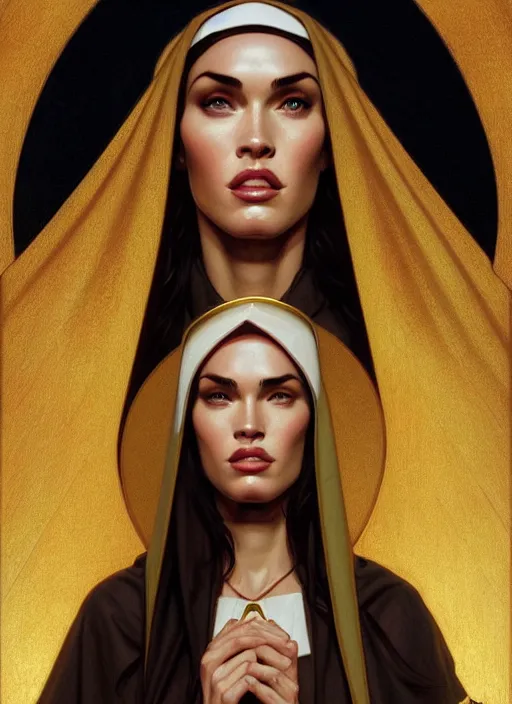 Image similar to portrait of megan fox as a sultry nun, catholic, church, bible, christian, intricate, headshot, highly detailed, digital painting, artstation, concept art, sharp focus, cinematic lighting, illustration, art by artgerm and greg rutkowski, alphonse mucha, cgsociety