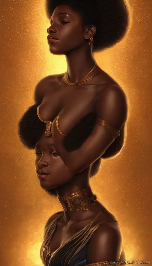 Image similar to black african princess, warm volumetric lighting, cosmic, symmetric, highly detailed, concept art, heavenly, intricate, sharp focus, illustration, alexandros pyromallis, bouguereau, rutkowski, artgerm, alphonse mucha