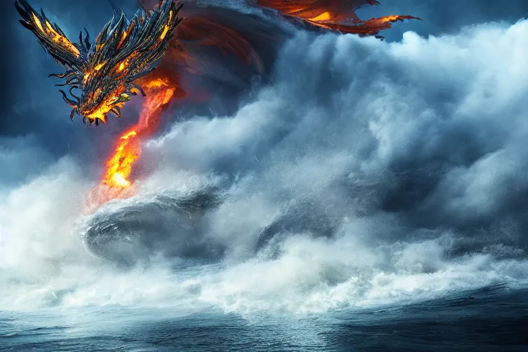 Prompt: fire dragon with lightnings and smoke is fighting against giant water monster with huge waves, dramatic fire lighting, CGsociety, full length, exquisite detail, post-processing, masterpiece, volumetric lighting, cinematic, hypermaximalistic, high details, cinematic, 8k resolution, beautiful detailed, insanely intricate details, sharp edges, smooth focus, low angle, tilted