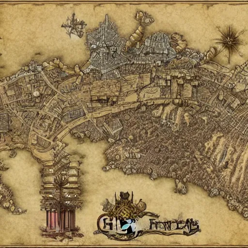 Prompt: map of a fantasy world, highly detailed, steampunk, with city name.