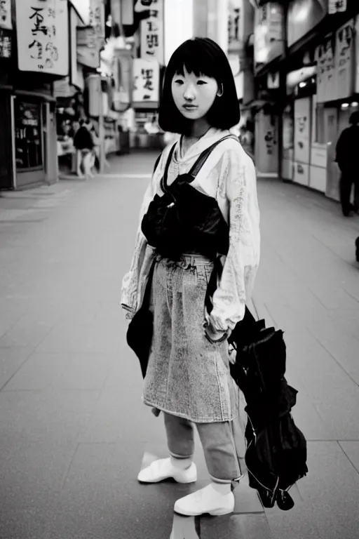 Image similar to a street fashion photograph of a young japanese woman in 9 0 s fashion, standing upright full - body shot, in tokyo akihabara, shot on cinestill 5 0 d with a canon 3 5 mm at f / 5. 6 lens, print magazine, photorealistic, nineties nostalgia, 4 k