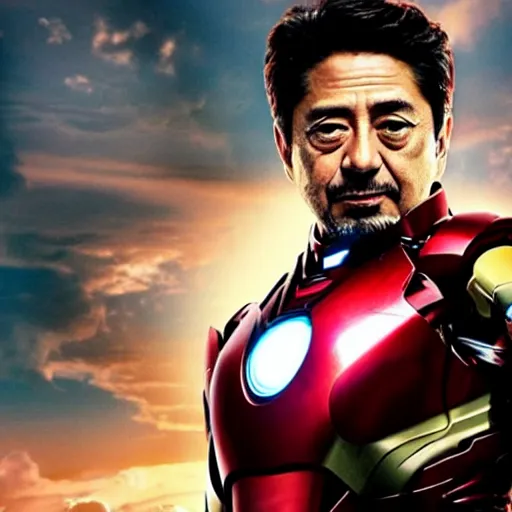 Image similar to promotional image of Shinzo Abe as Iron Man in Iron Man（2008）, he wears Iron Man armor without his face, movie still frame, promotional image, imax 70 mm footage