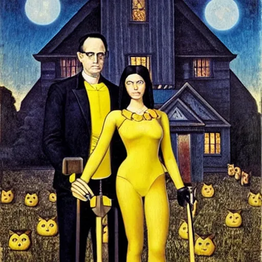 Image similar to nite - owl and silk spectre standing behind the owlship in the style of american gothic by grant wood, nite - owl, silk spectre, owlship, american gothic