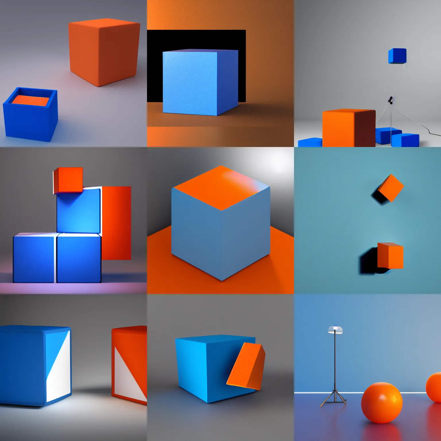Prompt: one blue cube and one orange cube, 3 3 8 8, studio light, studio photo, 1 5 9 7, octane render