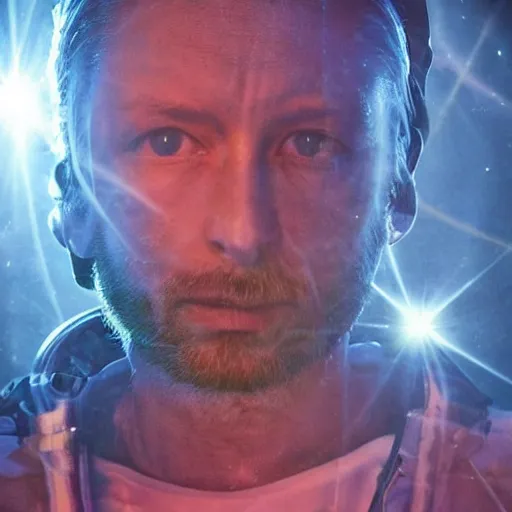 Prompt: spacesuit thom yorke singer songwriter walking in a forest, spacesuit filling up with water, waterline refractions, anamorphic lens flare, beautiful blueish eyes, eyes reflecting into eyes reflecting into infinity, spherical tiny round eye pupils, eyes reflecting into eyes reflecting into infinity, dramatic lighting