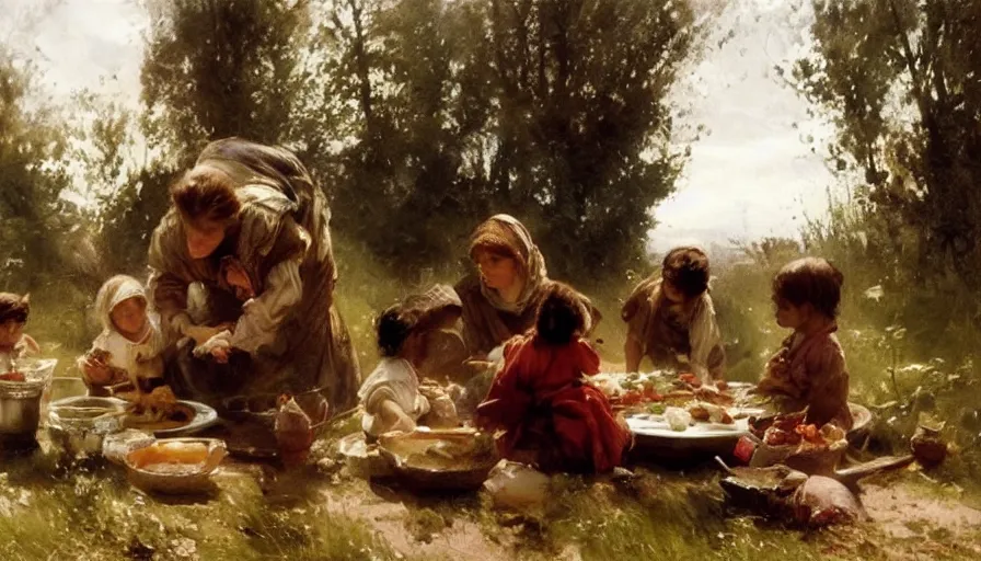 Image similar to simple villager and children about to eat a meal together, art by anders zorn, wonderful masterpiece by greg rutkowski, beautiful cinematic light, american romanticism thomas lawrence, greg rutkowski