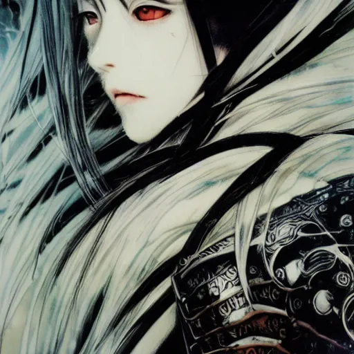 Image similar to Yoshitaka Amano realistic illustration of an anime girl with black eyes, wavy white hair fluttering in the wind and cracks on her face wearing Elden ring armour with engraving, abstract black and white patterns on the background, noisy film grain effect, highly detailed, Renaissance oil painting, weird portrait angle, blurred lost edges