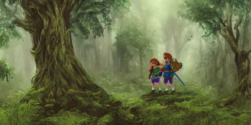 Prompt: painting of young link and tatl entering an old!!! forest temple full of green trees and plants, under a gray foggy sky