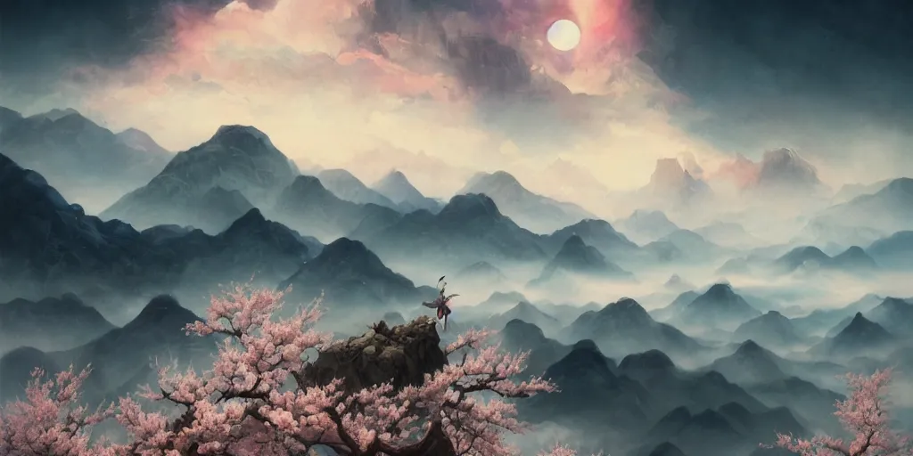 Image similar to a beautiful landscape of peach blossoms on the clouds, brilliant peaks, dense fog, early morning, by by yoneyama mai, trending on artstation, clouds, by wayne barlowe, peter mohrbacher, kelly mckernan, epic scene, 4 k, dark fantasy, environment, unreal engine 5, detailed