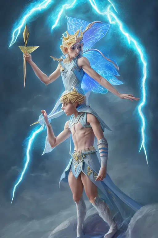 Image similar to legendary fairy prince casting a lightning spell,, lightning energy, blue energy, highly detailed, d & d, fantasy, highly detailed, digital painting, trending on artstation, concept art, sharp focus, illustration, global illumination, ray tracing, realistic shaded, art by artgerm and greg rutkowski and fuji choko and viktoria gavrilenko and hoang lap