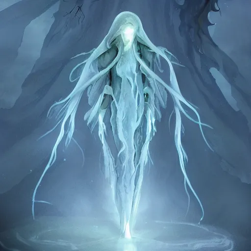 Image similar to concept designs for an ethereal ghostly wraith like figure with a squid like parasite latched onto its head and long tentacle arms that flow lazily but gracefully at its sides like a cloak while it floats around a frozen rocky tundra in the snow searching for lost souls and that hides amongst the shadows in the trees, this character has hydrokinesis and electrokinesis for the resident evil village video game franchise with inspiration from the franchise Bloodborne