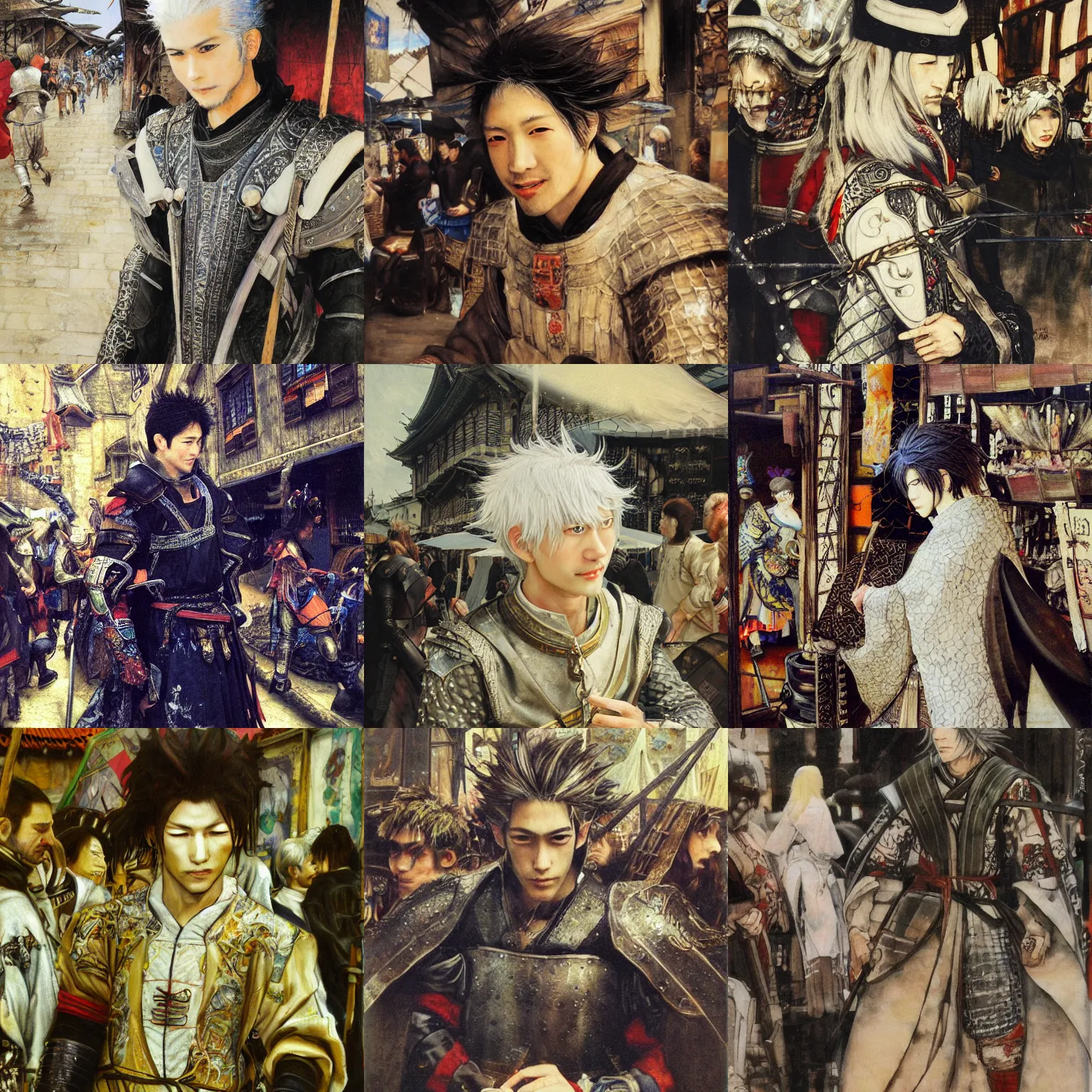 Prompt: Yoshitaka Amano painting of a young cool looking man at a medieval market at windy day. Depth of field. White hair, He is wearing complex fantasy armors. Renaissance style lighting.