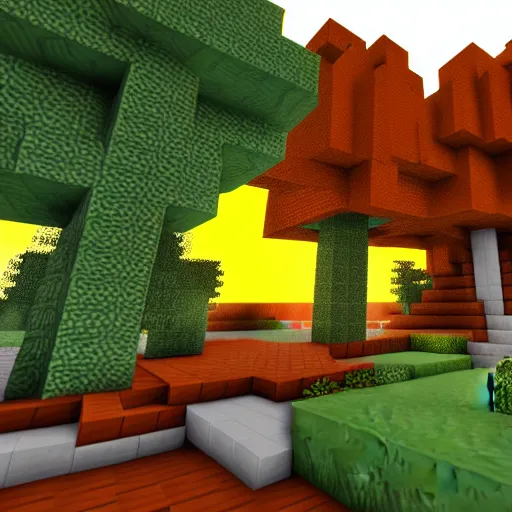 Image similar to next generation minecraft, pretty foliage, orange sunset, hearthstone, runterra