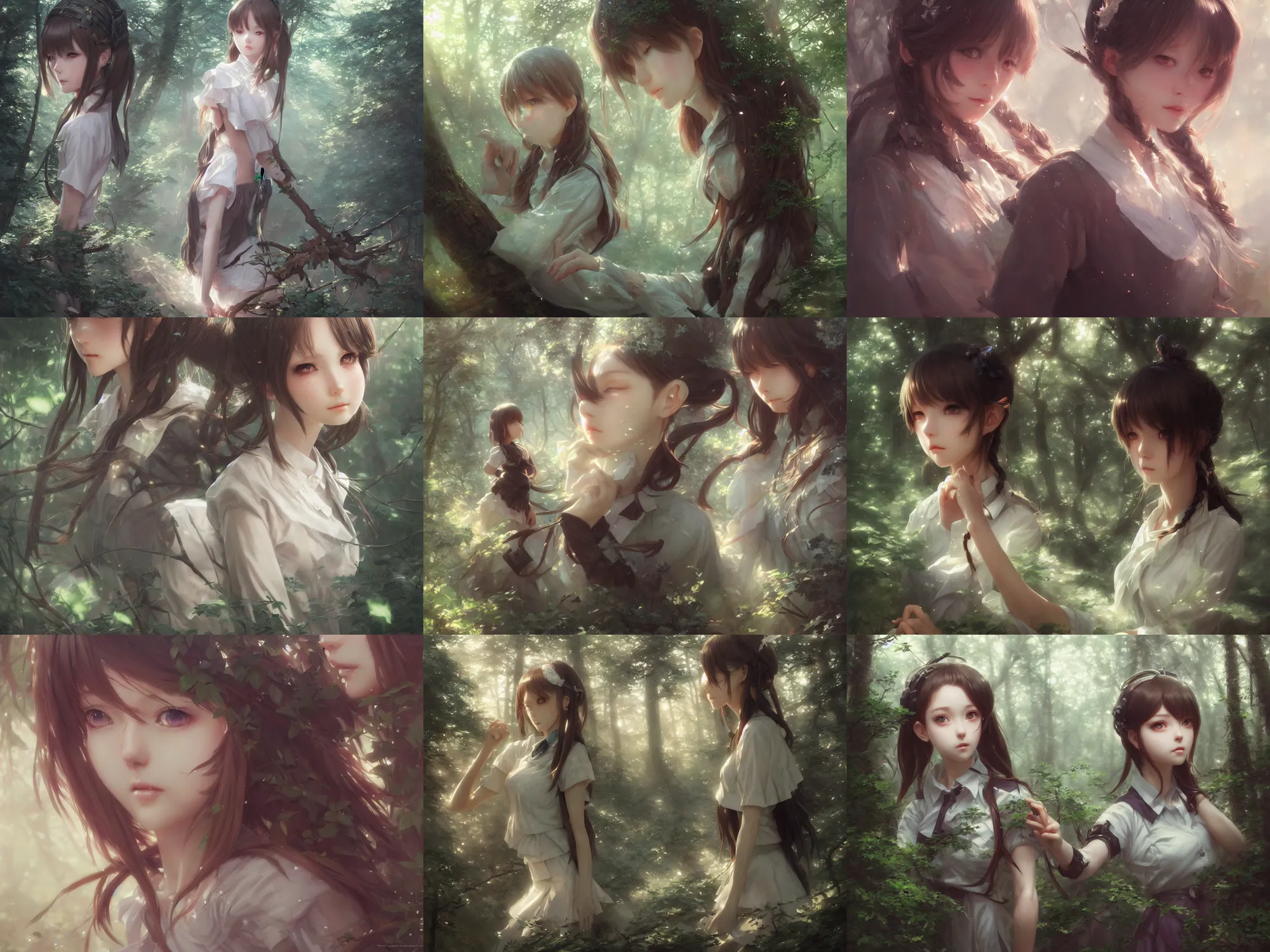 Prompt: ultra realistic beautiful forest clearing techno art, beautiful alluring anime school girl, sci - fi, fantasy, intricate, elegant, highly detailed, digital painting, artstation, concept art, smooth, sharp focus, illustration, art by artgerm and greg rutkowski and krenz cushart and tian zi