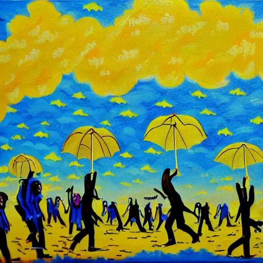 Image similar to painting of zombies walking in a blue sky, yellow raining